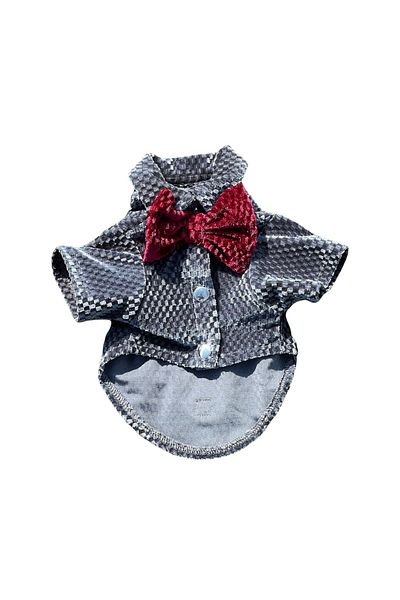 Bi Dolap Ponçik Bi Velvet Shirt Gray Claret Red Bow Tie Silk Velvet Cat Dog Clothes & Shirt