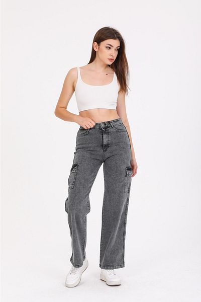 SHEVEGA Anthracite Cargo Pocket Lycra Ψηλόμεση Φαρδύ τζιν παντελόνι με φαρδύ πόδι