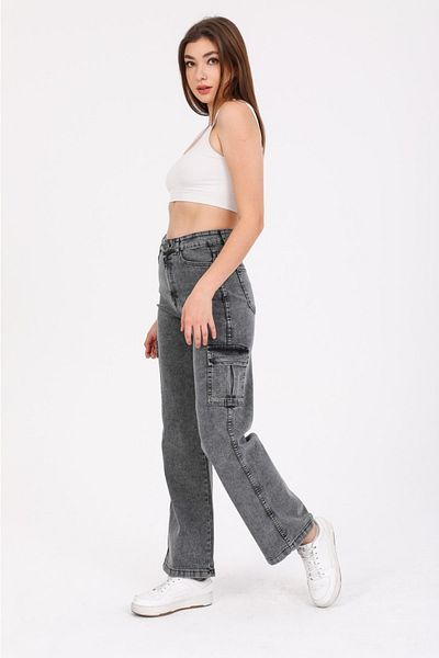SHEVEGA Anthracite Cargo Pocket Lycra Ψηλόμεση Φαρδύ τζιν παντελόνι με φαρδύ πόδι