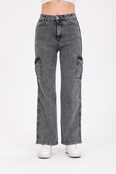 SHEVEGA Anthracite Cargo Pocket Lycra Ψηλόμεση Φαρδύ τζιν παντελόνι με φαρδύ πόδι