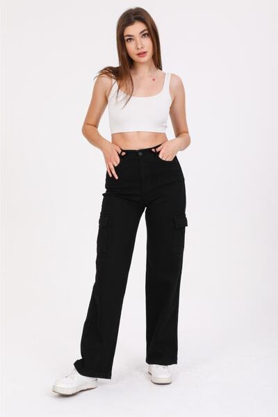 SHEVEGA Μαύρο Cargo Pocket Lycra Ψηλόμεσο Φαρδύ τζιν παντελόνι με φαρδύ πόδι