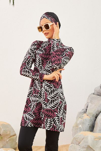 Armes Starinci Lycra Hijab Μαγιό Φύλλο Μοτίβο Καφέ