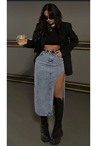 MİNEL ALA MODA Mavi Yandan Derin Yırtmaçlı Uzun Denim Kot Etek