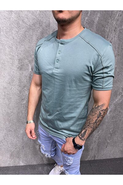 ayakuydur Erkek Düğmeli Yuvarlak yaka Yeşil T-shirt
