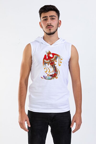 Raf Coll Tricou fără mâneci unisex cu glugă cu imprimeu digital Phoenix negru