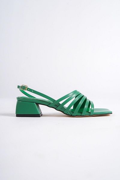 Modabuymus Butterflys Green Asymmetrical Multi-Strapped Short Thick Heeled Sandals