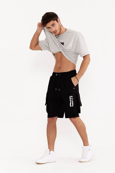 THIMOON Men's Black Pocket Combed Cotton Shorts