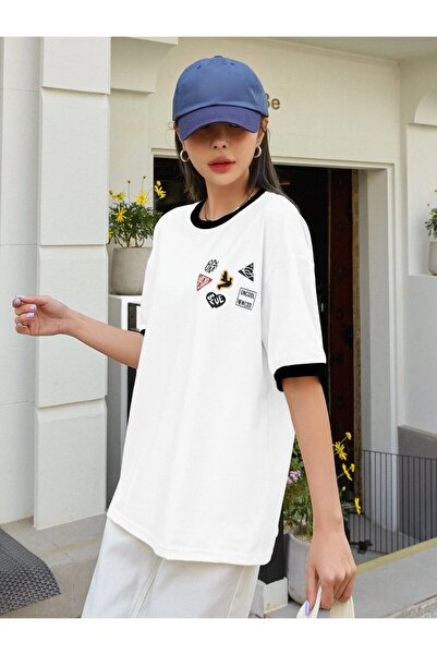 Machetta Large Size 6-Piece Sticker Look Collar Sleeve Colorful 100% Cotton Oversize T-shirt