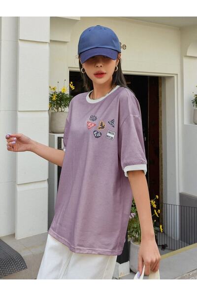 Machetta Large Size 6-Piece Sticker Look Collar Sleeve Colorful 100% Cotton Oversize T-shirt