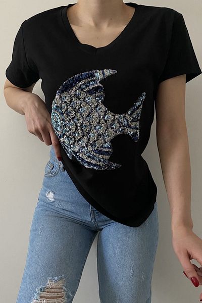 FEMELLE Tricou negru pentru femei, cu decolteu în V, cu paiete de pește, brodat din bumbac 100%
