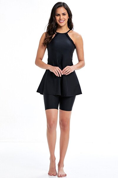 Adasea Black Strap Dress Tights Swimsuit Slim Grecian Collar 2 Piece Set 3509