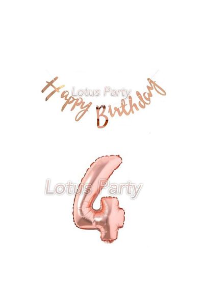 LOTUS PARTY 4 Year Old Rose Gold Birthday Set - Rose Gold Number Foil Balloon Rose Gold Hapyy Birthday Text