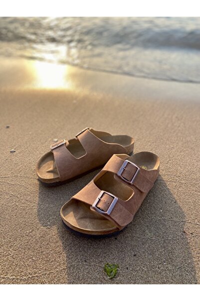 JuBu Kadın Taba Kahve Nubuk Klasik Ortopedik Mantar Taban Terlik Tokalı Birke...
