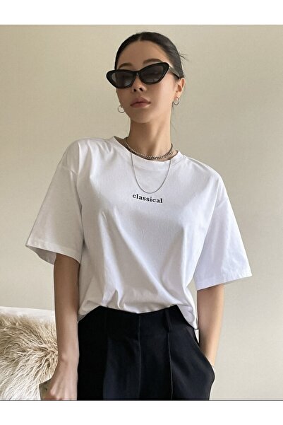 Josette Unisex White Classical Printed Crew Neck Oversize T-shirt
