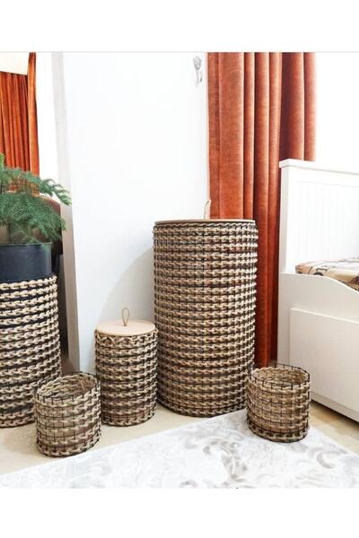 Egindra Σετ 4 Ψάθινων Καλαθιών Ρούχων - Με Ξύλινο Καπάκι Οργάνωσης