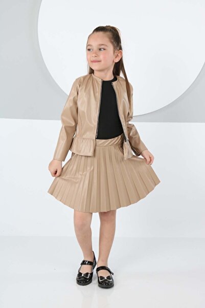 İ&K ŞIMARIK KİDS Deri Ceket Piliseli Deri Etek Fitilli Badi Üçlü Deri Takım