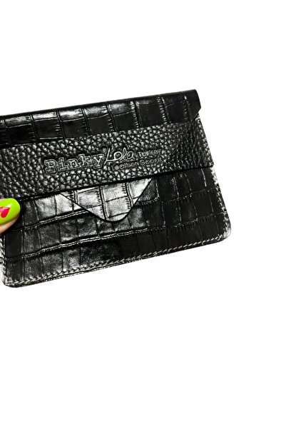 Pinkylola Damga Model Siyah Hakiki Deri Kroko Baskı Cüzdan & Kartlık, Pasapor...
