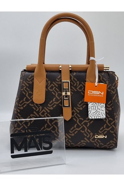 DSN Chain Patterned Lockable Hand and Shoulder Bag Brown Tan