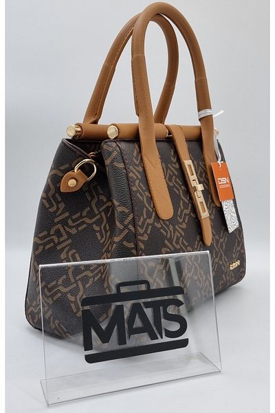 DSN Chain Patterned Lockable Hand and Shoulder Bag Brown Tan