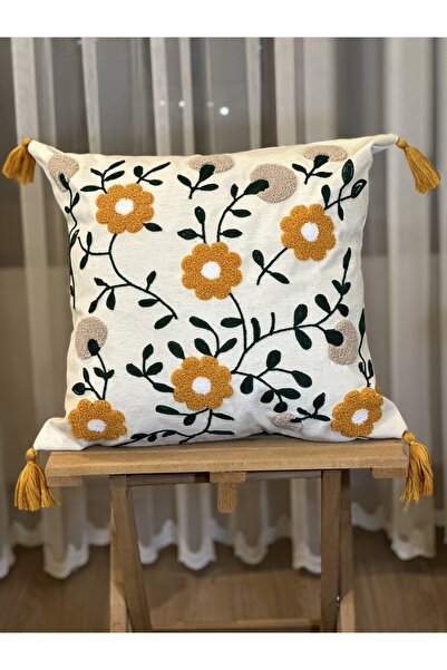 BUGİ HOME COLLECTİON Husă de pernă decorativă cu ciucuri cu model de flori brodate