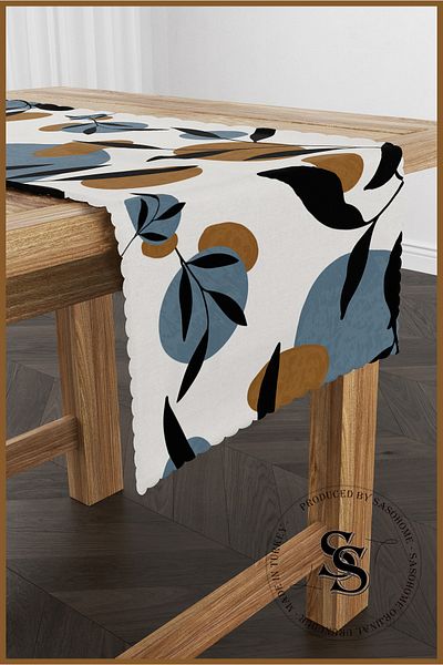 SasoHome Modern Blue Black Leaf Design Pictura Model Digital Printed Decorative Runner
