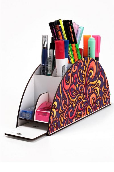kutuTR Wooden Vip Leaf Series Rainbow Ruled Desktop Pen Holder Organizer with Assembled Box
