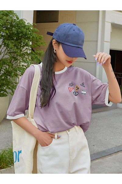 Keywest Αυτοκόλλητο Plus Size Look Μανίκι γιακά Πολύχρωμο 100% βαμβάκι Oversize μπλουζάκι