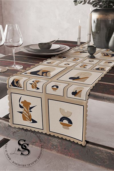SasoHome Alergăr decorativ imprimat digital cu model de obiecte etnice moderne pe fundal crem