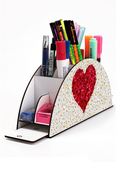 kutuTR Wooden Vip Hearts Series Rainbow Ruled Desktop Pen Holder Organizer Assembled Boxed