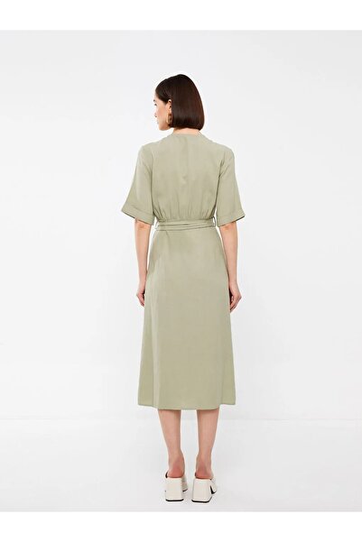 LC Waikiki Lcw Vision Dvouřadý límec Jednoduchý Lněná směs s krátkým rukávem Dámské šaty