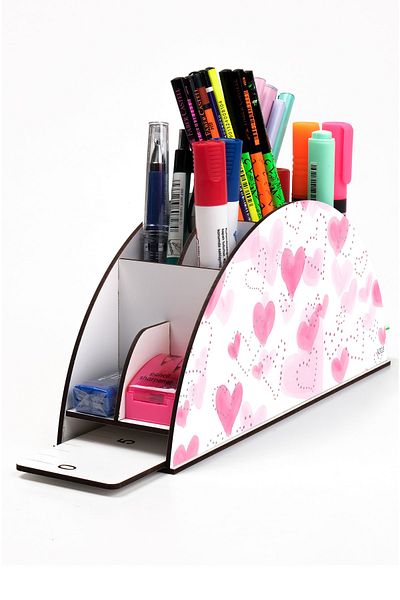 kutuTR Wooden Vip Hearts Series Rainbow Ruled Desktop Pen Holder Organizer Assembled Boxed