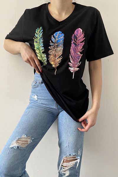FEMELLE Tricou de damă, negru, cu decolteu în V, cu model de pene, brodat cu paiete, 100% bumbac