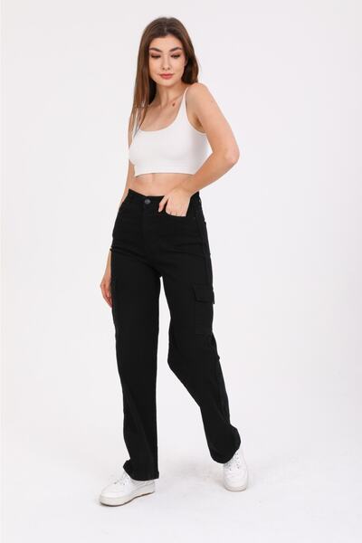 SHEVEGA Μαύρο Cargo Pocket Lycra Ψηλόμεσο Φαρδύ τζιν παντελόνι με φαρδύ πόδι