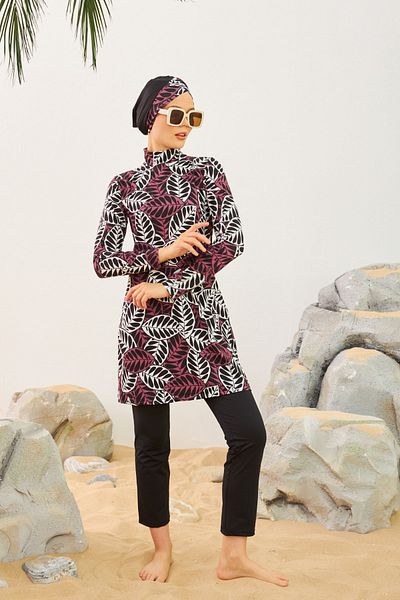 Armes Starinci Lycra Hijab Μαγιό Φύλλο Μοτίβο Καφέ