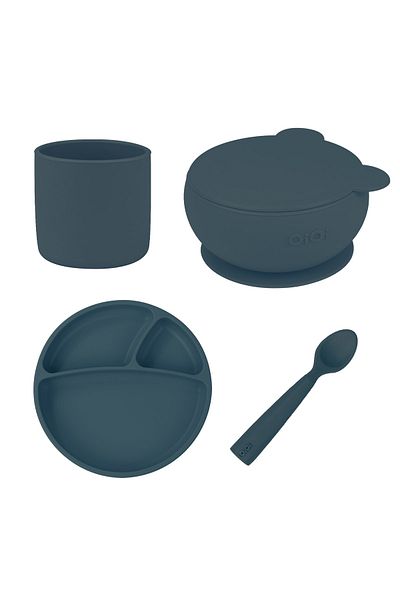 OiOi Deep Blue Set of Four - Plate, Cup, Spoon and Bowl with Lid