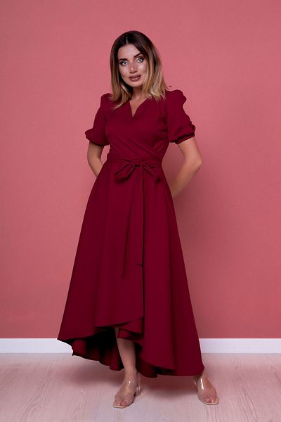 Bidoluelbise Rochie de damă cu croială asimetrică burgundă, scurtă în față, lungă în spate, cu decolteu dublu