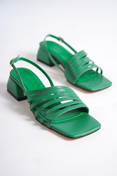 Modabuymus Butterflys Green Asymmetrical Multi-Strapped Short Thick Heeled Sandals