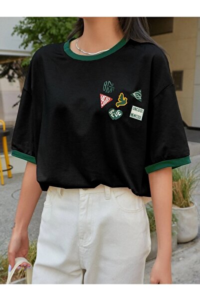 Machetta Large Size 6-Piece Sticker Look Collar Sleeve Colorful 100% Cotton Oversize T-shirt