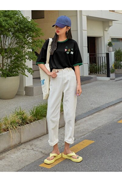 Machetta Large Size 6-Piece Sticker Look Collar Sleeve Colorful 100% Cotton Oversize T-shirt