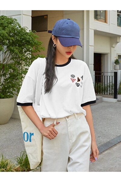 Machetta Large Size 6-Piece Sticker Look Collar Sleeve Colorful 100% Cotton Oversize T-shirt