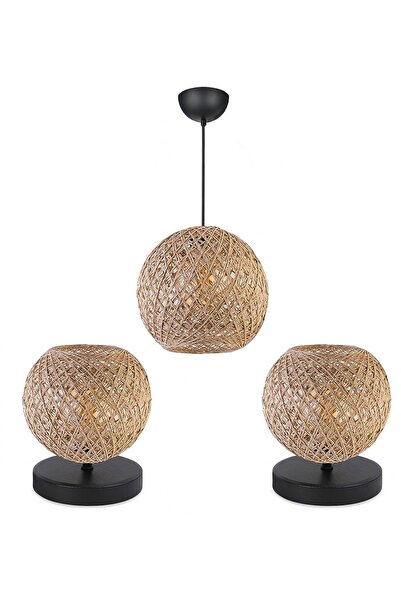 HOMİNG Globe Jute Rope Close-Woven Mini Pendant Lamp and Lampshade Set Ayd-3637
