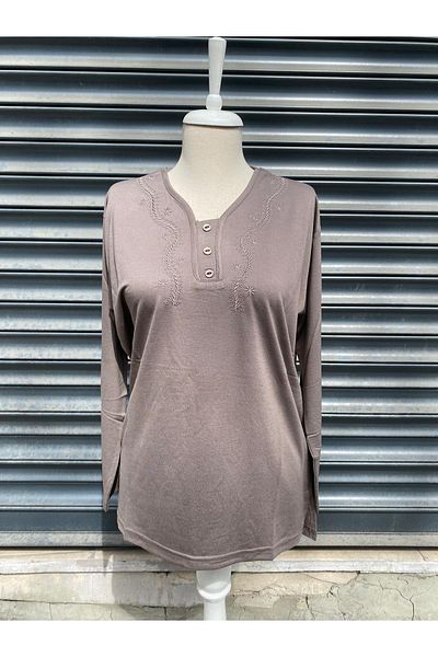 FATELLA Women Mother 3 Button Modeled Long Sleeve Mother's Day Combed Cotton Blouse T-shirt