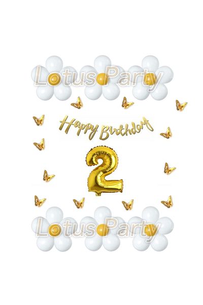 LOTUS PARTY 2 Year Old Butterfly Daisy Themed Balloon Set White Yellow Balloon Happy Birthday Gold Lettering - Gold Number