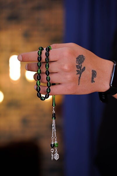 The Collection Mărgele de rugăciune din piatră naturală de chihlimbar de foc tăiat cu orz negru verde