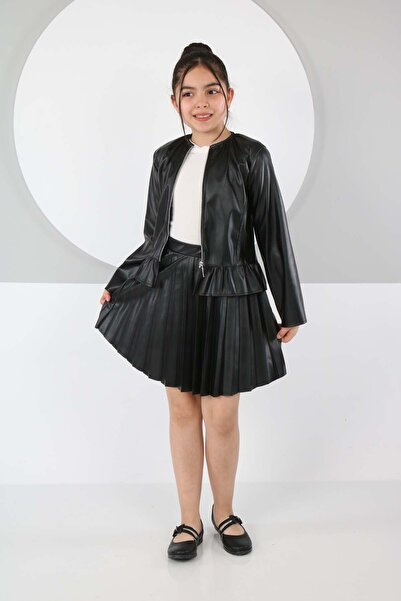 İ&K ŞIMARIK KİDS Deri Ceket Piliseli Deri Etek Fitilli Badi Üçlü Deri Takım