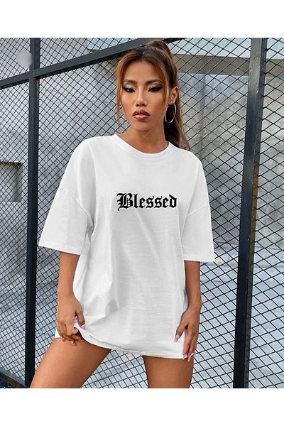 Josette Μπλουζάκι Unisex White Blessed Printed Cotton Crew Neck Oversize