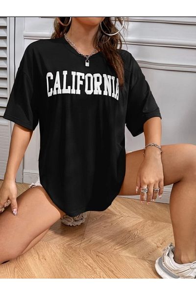 Josette Μπλουζάκι Unisex Μαύρο Καλιφόρνια με στάμπα Crew Neck Oversize