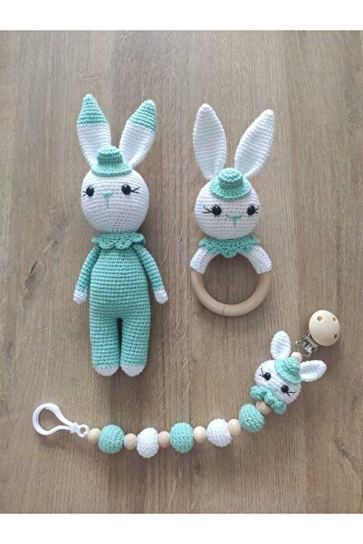 ElisaToys Amigurumi Yenidoğan Uyku Arkadaşı Tavşan, Çıngırak Ve Emzik Zinciri...