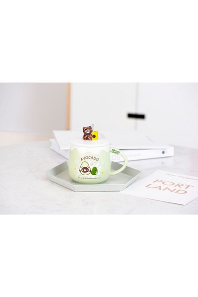 hediyeconcepti 400ml Ceramic Cute Avocado Mug with Lid Set Drinkware