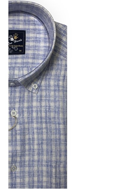 TWO HANDS Чоловіча класична сорочка з коротким рукавом, двома кишенями, картатим візерунком, з бавовняної тканини, синя, розмір 441